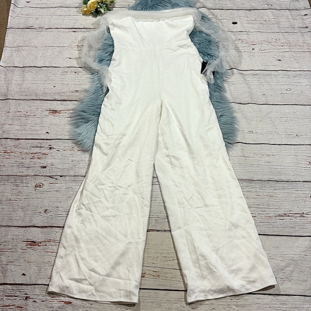 NWT Lulus Eternal Bliss White Tulle Off-the-Shoulder Wide-Leg Jumpsuit - Picture 3 of 9